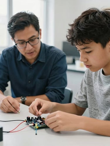 Portrait-oriented image of a young person with special educational needs engaged with a microcontroller, guided by an educator, in a well-lit lab, focus on hands and technology, natural laboratory light, 35mm