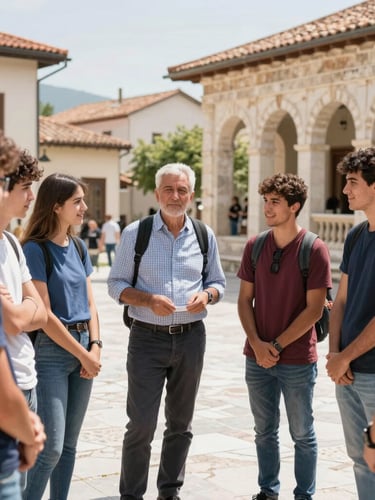 Portrait-oriented shot of a diverse group of international students and educators enjoying a cultural visit in a historic town in Thessaly, bright daylight, authentic setting, smiling and engaged, 35mm.