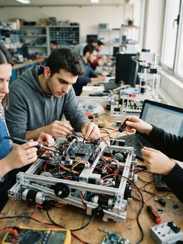 Wide panoramic Larissa lab, students collaborating over a robotic chassis, natural daylight, tight crop on hands and circuit boards, 35mm, authentic collaboration.