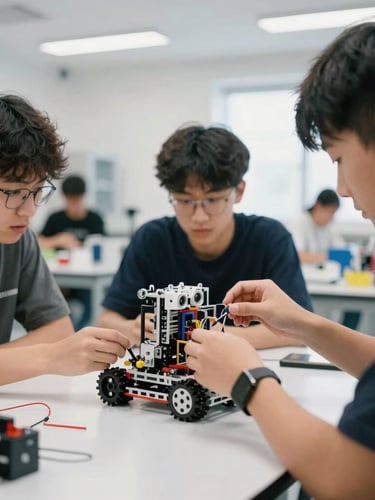 Bright documentary photo of students collaboratively building a robot chassis in a modern, well-lit lab, hands-on work, natural light, 35mm