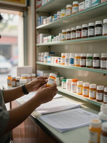 Interior of a warm Indian pharmacy counter — medication shelves lined behind, a pair of hands sorting prescription bottles under tungsten-warm light, paperwork spread on the counter, natural daylight filtering from the storefront window to the left
