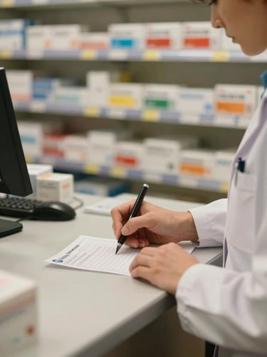 Medium shot of a pharmacist's hands writing on a prescription label at the counter, warm tungsten light from above, shelves of medicine softly visible behind