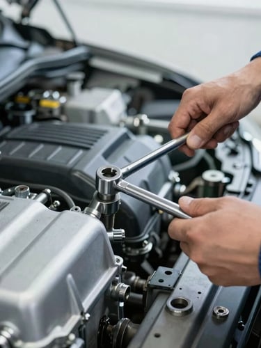 Close-up of a mechanic's hands using a torque wrench on a clean car engine, bright cool-toned workshop lighting, professional 35mm photography