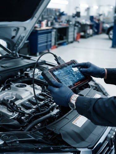 Close-up of a professional mechanic's hands in a clean, modern workshop using a digital diagnostic tool on a car engine, cool silver and navy tones, sharp focus, 35mm lens
