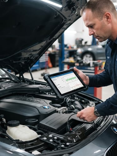 Close-up of a professional mechanic in a clean navy uniform using a modern digital diagnostic tablet connected to a car engine bay, bright cool LED overhead lighting, sharp focus, technical precision