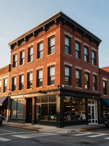 Wide environmental shot of a historic red brick building in Midtown St. Louis during warm golden hour, showcasing masonry details and ground-floor storefronts.