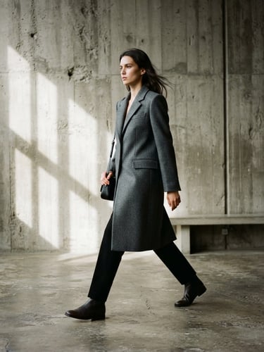 Medium-long environmental shot of a model in motion wearing a structured charcoal wool coat, walking past a raw concrete wall, soft natural window light, high-contrast shadows, 35mm film grain.
