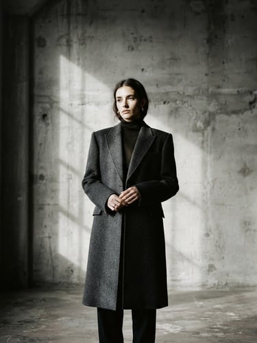 Environmental portrait of a model in a concrete studio, wearing a structured charcoal wool coat, soft natural window light, high-contrast shadows, 35mm film grain