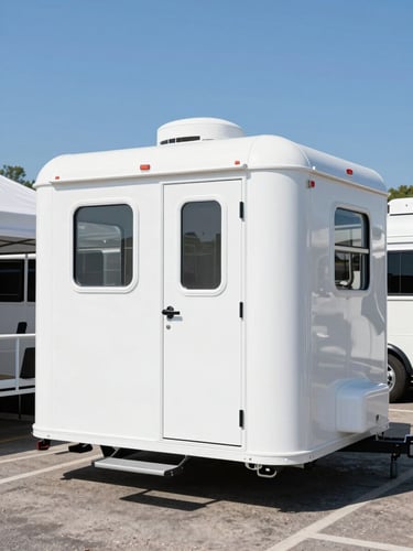Pristine white luxury restroom trailer parked on a clean, organized outdoor event site, bright natural daylight, crisp high-contrast blue and white tones, sharp focus, 35mm.
