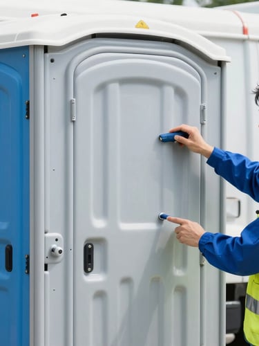 A clean service truck and a technician in high-visibility gear performing a multi-point inspection on a pristine portable toilet, bright natural daylight, sharp focus, 35mm.