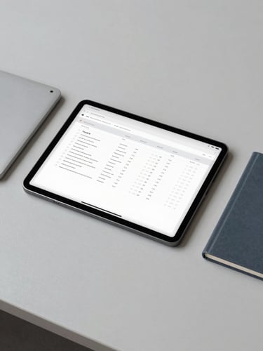 Overhead desk layout with a clean tablet showing structured database schemas, neutral daylight, cool gray and slate tones, minimalist editorial photography, 35mm