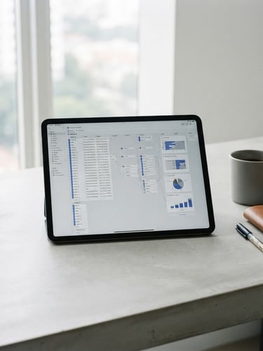 Minimalist editorial photography of a clean organized workspace, a modern tablet showing a structured database layout, bright neutral daylight, cool gray tones, 35mm