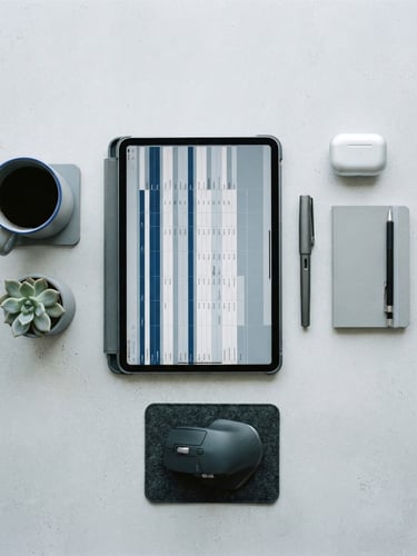 Overhead desk layout with a clean organized workspace, a tablet showing structured database grids, daylight, cool gray tones, 35mm