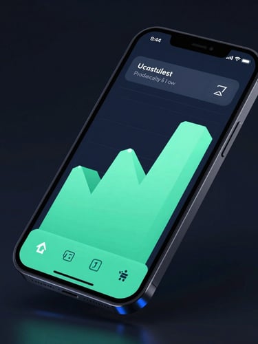 Sleek dark-mode Android smartphone mockup displaying a vibrant productivity interface with mint green charts, sharp isometric angle, low-key studio lighting.