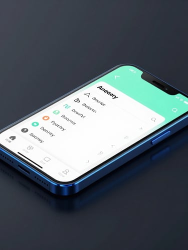 Sleek isometric Android device mockup on a dark reflective surface, glowing neon blue edge lighting, crisp high-fidelity UI layout, 50mm macro shot