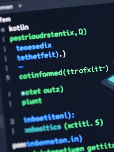 Extreme close-up of clean Kotlin code on a dark IDE screen, syntax highlighting in neon mint green and electric blue, shallow depth of field, high-tech engineering aesthetic