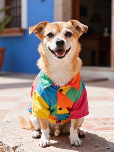 A happy small dog wearing a colorful custom-tailored shirt, sitting comfortably on a sunny Mexican patio, vibrant lifestyle photography, bright natural daylight.