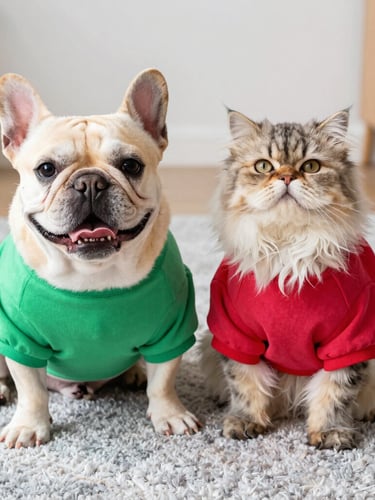 A happy French Bulldog and a fluffy Persian cat sitting together on a light gray rug, wearing custom-tailored vibrant colorful matching shirts, bright natural daylight, eye-level pet portrait