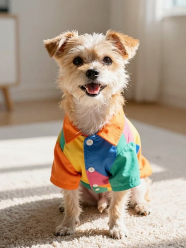 A happy small dog wearing a vibrant custom-tailored colorful shirt, sitting comfortably on a soft rug, warm natural indoor daylight, eye-level portrait