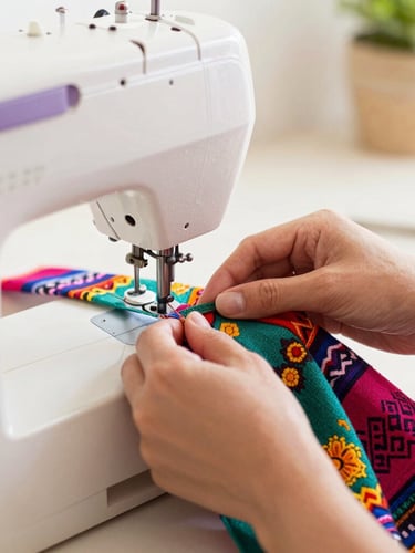Hands of a Mexican artisan seamstress carefully stitching a colorful fabric on a sewing machine in a bright, warm workshop, shallow depth of field.
