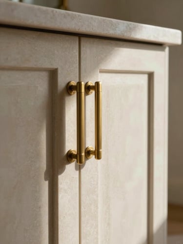 Close-up architectural detail of a villa interior material transition — warm brushed brass handle against pale limestone joinery panel, natural daylight raking across the surface revealing texture, no people, intimate framing