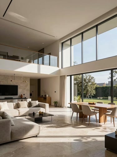 Wide environmental shot of a completed VilaMod villa interior — an open-plan living space bathed in clear daylight through full-height glazing, polished stone flooring, neutral-toned furnishings, a long dining table set against the glazed wall, no people, clean geometric ceiling lines casting ordered shadows