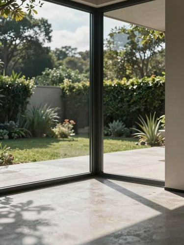 Interior architectural detail of a VilaMod villa — close-up of a floor-to-ceiling glazed corner where two glass panels meet, framing a lush garden outside, natural north-facing daylight flooding polished concrete floors, sharp geometric shadow lines across the surface, no people