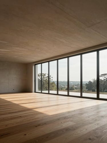 Wide architectural interior of a completed luxury villa, shot from a low angle — floor-to-ceiling glazing on the far wall floods the room with soft north-facing daylight, a clean concrete ceiling plane above, warm oak flooring below, no furniture staging, pure volume and light, generous negative space toward the upper left quadrant