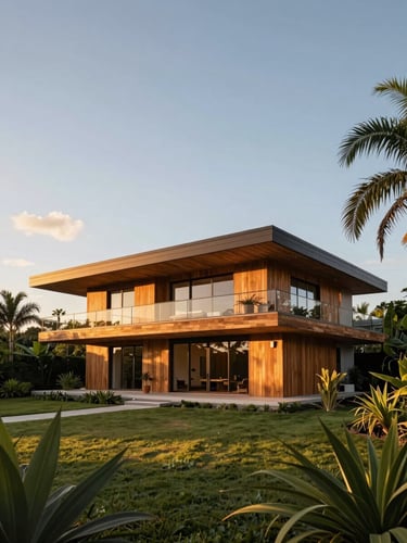 Exterior golden-hour shot of a completed VilaMod villa — the structure sits in a landscaped garden, warm amber light raking across a timber-clad facade, a cantilevered roof casting a clean shadow line, surrounding tropical foliage framing the home, wide architectural angle emphasising volume and sky, no people