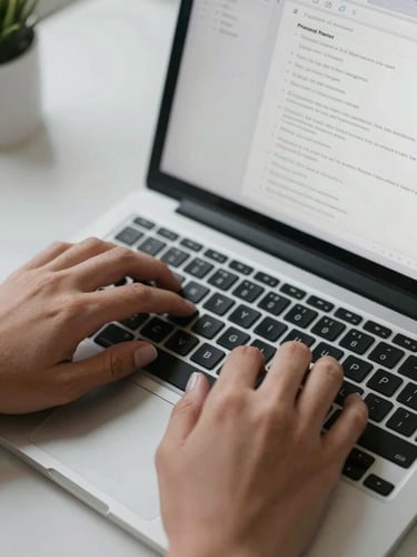 Close-up overhead shot of hands typing on a laptop keyboard, a browser tab showing a structured prompt template on screen, clean desk surface with minimal objects, cool north-facing studio light, sharp focus on fingertips and screen text