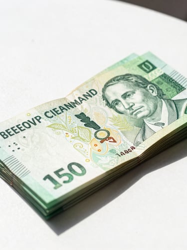 Bright clean photography of Colombian Peso bills stacked neatly on a white table under natural daylight, 35mm
