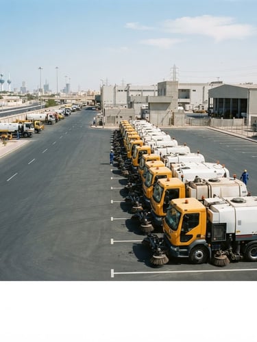 Wide shot of heavy-duty municipal sweeping vehicles lined up under bright Kuwaiti daylight, clean paved ground, industrial scale, 35mm
