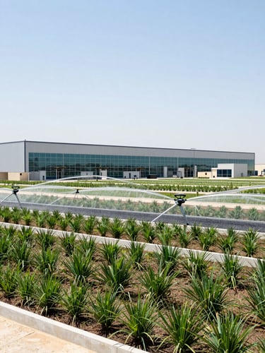 Wide panoramic view of a modern green facility landscape in Kuwait, designed with eco-friendly irrigation, native plants, bright direct sunlight, crisp details, 35mm