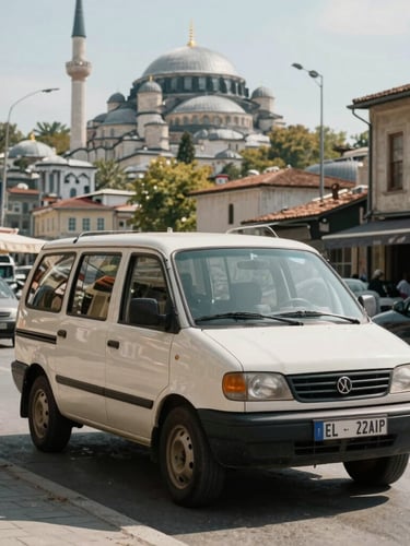 Kadıköy sokaklarında hareket halindeki mobil teknik servis aracı, arka planda tarihi Haydarpaşa Garı silüeti, parlak ve net gün ışığı.
