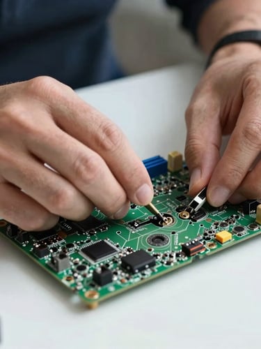Close-up shot of a technician's hands repairing a laptop motherboard on a clean white desk, high-contrast lighting, technical precision.