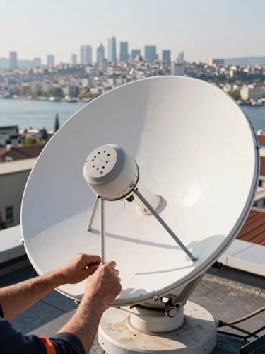 Close-up action shot of a technician's hands adjusting a satellite dish feed horn on a rooftop with the Istanbul skyline and Bosporus in the soft-focus background, bright morning daylight, clear technical precision.