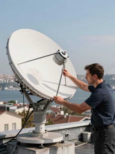 A professional technician aligning a satellite dish on an Istanbul rooftop with the Bosporus bridge and skyline visible in the background, bright natural daylight, medium shot.