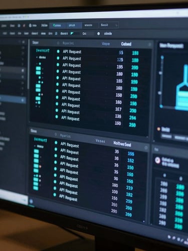 A close-up high-fidelity pipeline dashboard displaying API request rates and database queries, glowing electric-indigo on a dark IDE interface.