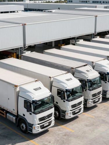 Wide environmental shot of a modern refrigerated logistics terminal, crisp daylight, professional cargo transport trucks lined up in a structured grid, 35mm photography