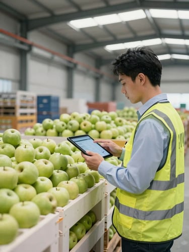 Crisp industrial warehouse lighting, a professional quality inspector in a high-visibility vest checking digital cargo logs on a tablet next to bulk crates of uniform green apples, sharp 35mm photography