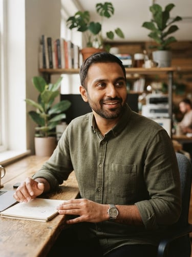 Warm-toned portrait of Shaheerali in a natural work environment, medium close-up, soft depth of field, natural window light on the left, looking right, 35mm.