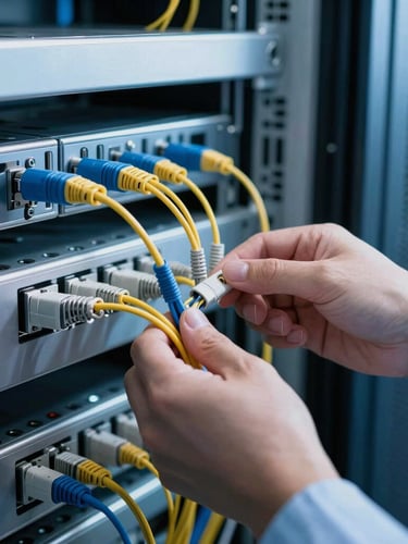 Close-up of a technical engineer in a clean server room, connecting fiber optic cables, sharp focus, cool blue lighting, high contrast.
