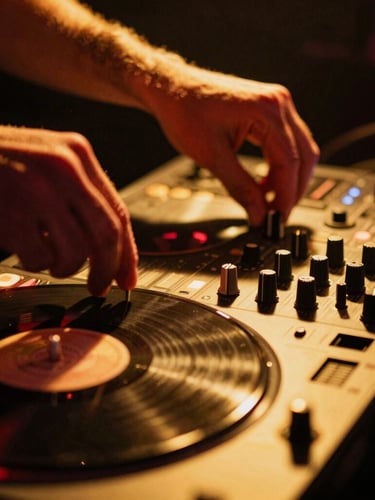 Close-up detail of hands on a vinyl mixer mid-set, dramatic neon gold lighting, heavy shadows, high contrast, motion blur, 35mm film grain