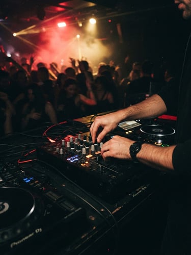 Dark atmospheric club photography with neon red and gold backlighting, close-up of hands on a DJ mixer mid-set, motion blur, high contrast, 35mm film grain.