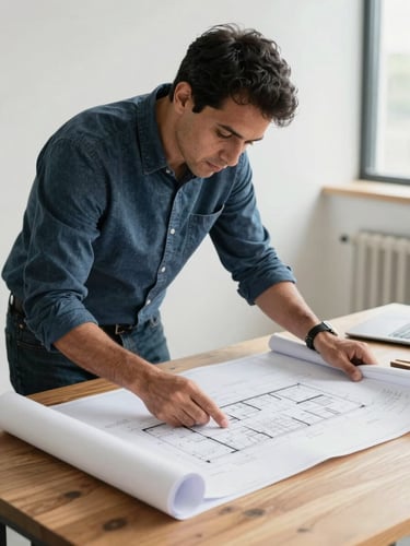 Dignified medium shot of a local community leader reviewing blueprints on a wooden table, bright natural daylight, crisp focus on architectural plans.