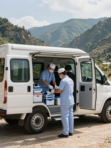 A high-specification, heavy-duty mobile clinical vehicle parked in a bright, sunlit semi-rural valley, local healthcare workers in clean uniforms organizing medical equipment near the open side doors, natural high-contrast daylight.