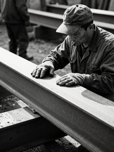 High-contrast black and white photograph of a yard worker inspecting a raw steel beam, harsh side lighting, dramatic shadows.