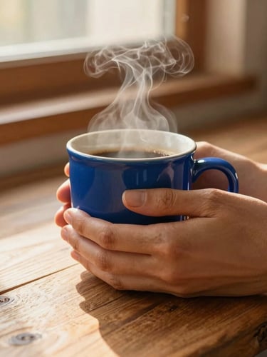 Close-up of hands gently cradling a warm, cobalt blue stoneware mug, steam rising from coffee, on a rustic wooden kitchen counter bathed in warm golden-hour window light, shallow depth of field.