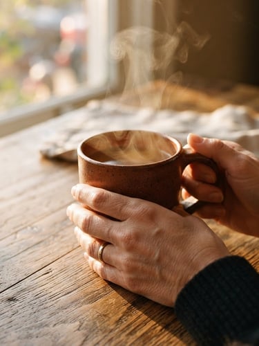 Close-up of hands holding a warm terracotta mug, steam rising, on a rustic wooden table under golden-hour window light, shallow depth of field, rich saturated colors, tactile textures.