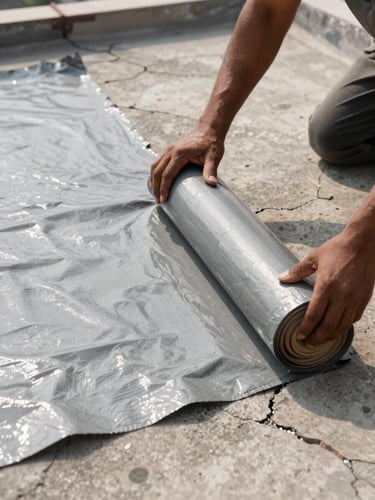 Close-up overhead view of a Delhi rooftop terrace being sealed, worker's hands rolling grey Dr. Fixit waterproofing membrane across cracked concrete under bright natural daylight, material texture sharp in foreground